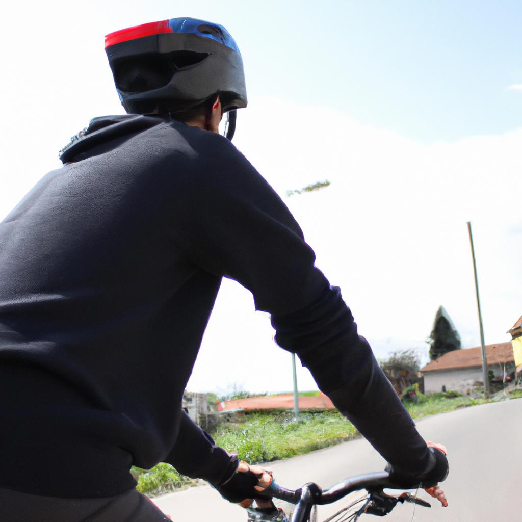 Person wearing helmet riding bicycle